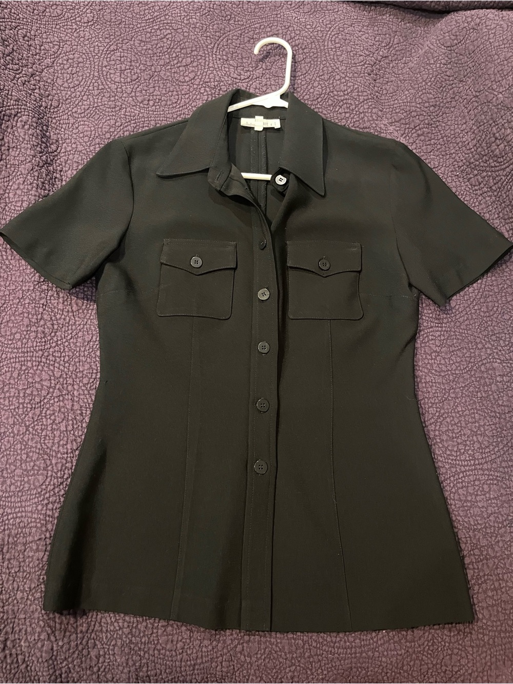 Black Short-Sleeve Button-Down Shirt with Chest Pockets